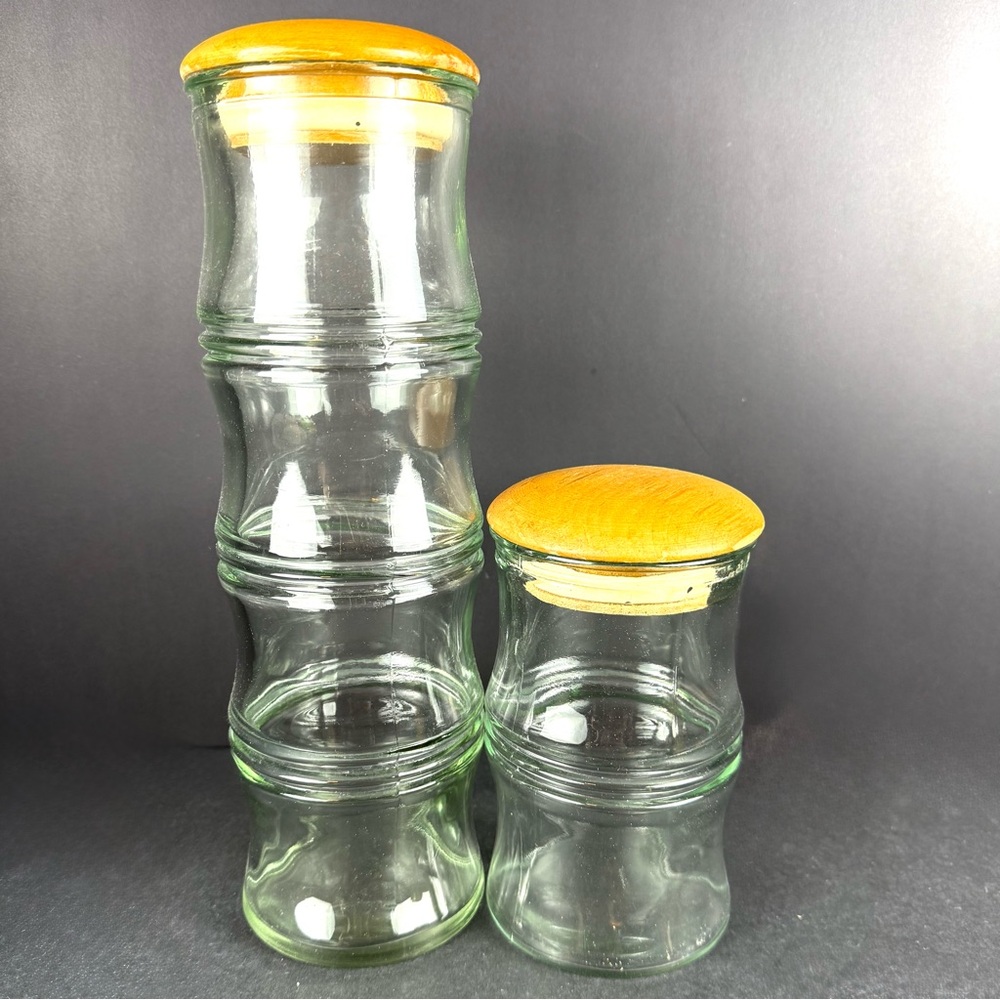 Vintage 2 Piece Canister Set Bamboo Shaped Glass Storage/Canister W/ Wood Lid MC